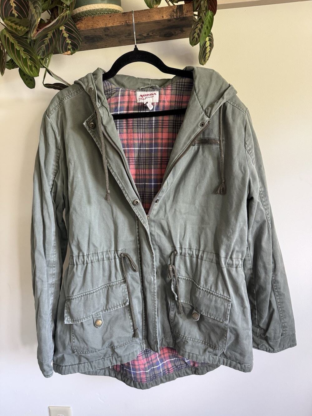 Arizona Jean Co Olive Green Utility Field Jacket Plaid Flannel Lined Size XL